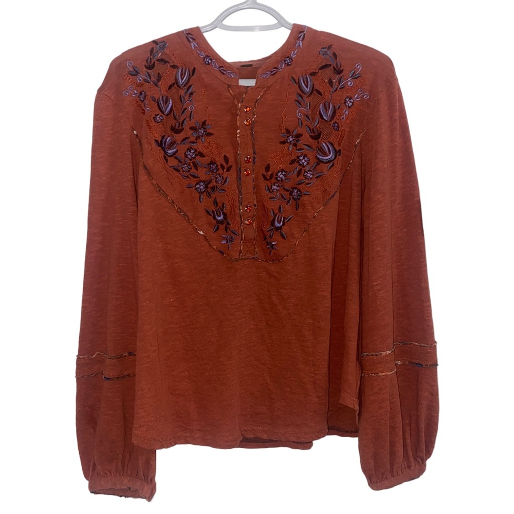 Free People Boho Embroidered Burnt Orange Long Sleeve Top Shirt